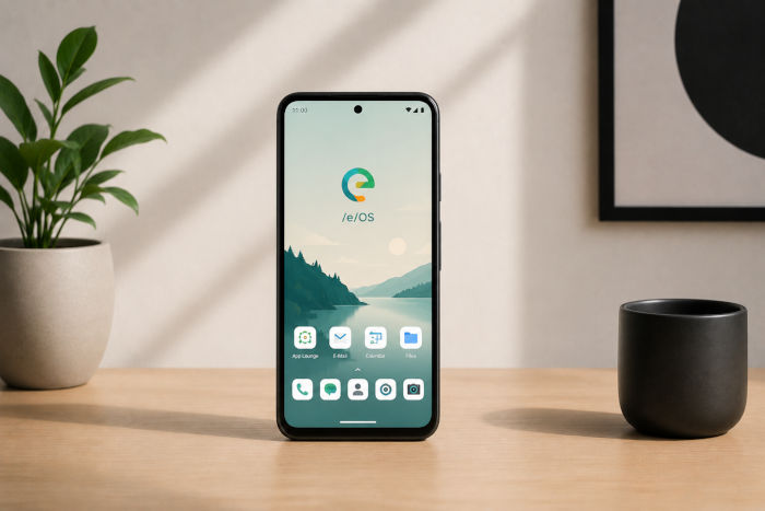 Privacyvriendelijke Android-smartphone met /e/OS op een minimalistische werkplek zonder Google-diensten.