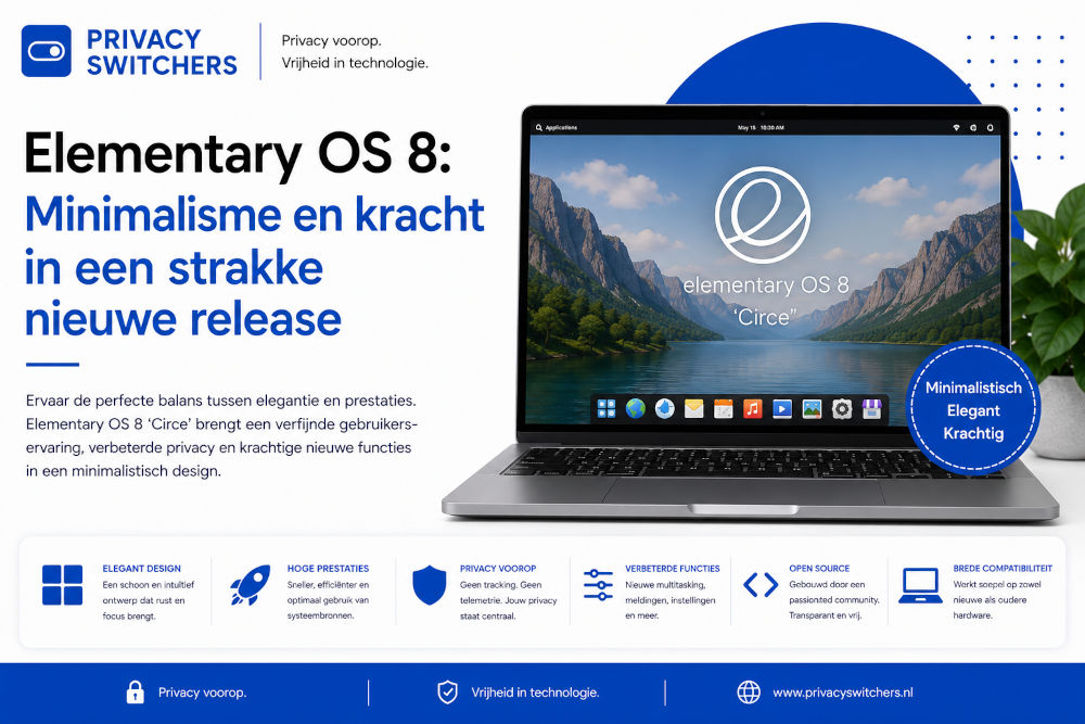 Uitgelichte blogafbeelding van Elementary OS 8 op een moderne laptop in de Privacy Switchers-huisstijl, met focus op minimalisme, krachtige prestaties, privacy en een elegante Linux-desktopervaring.