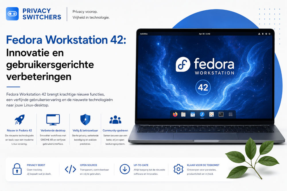 Uitgelichte blogafbeelding van Fedora Workstation 42 op een laptop met Privacy Switchers-huisstijl, waarin de nieuwste innovaties en gebruikersgerichte verbeteringen van de Linux-distributie centraal staan.