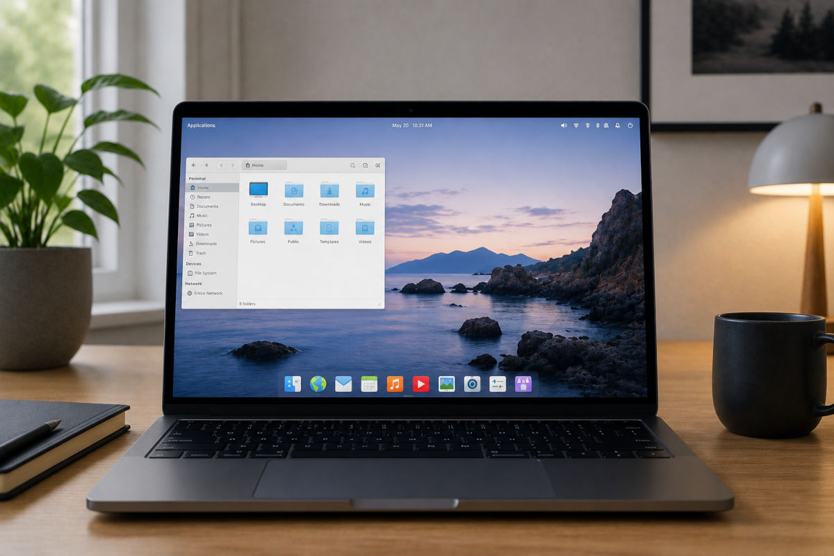 Laptop met elementary OS Linux-desktop als snel en veilig alternatief voor Windows.