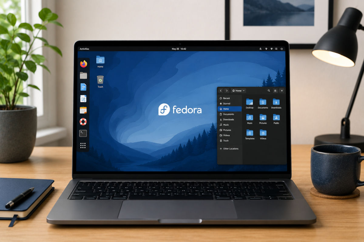 Moderne laptop waarop Fedora Linux draait als privacyvriendelijk alternatief voor Windows.