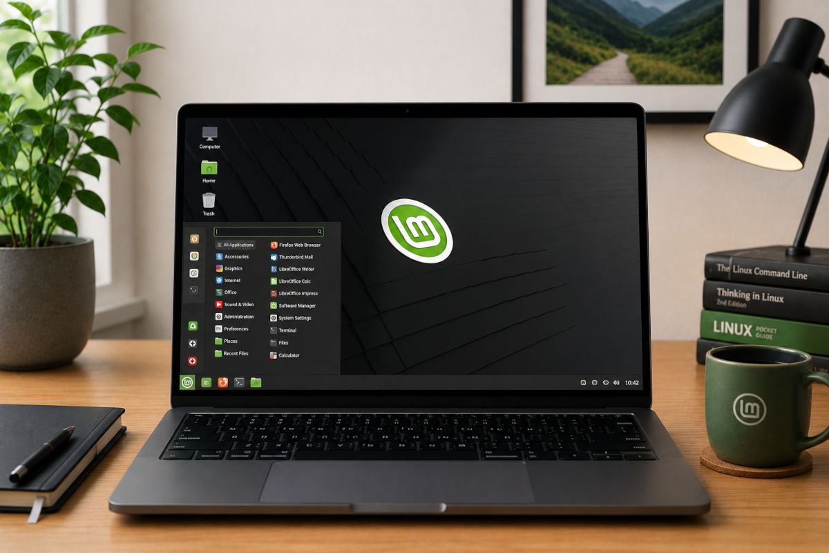 Laptop waarop Linux Mint Linux draait als veilig alternatief voor Windows.