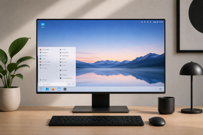 Desktopcomputer met Zorin OS Linux op een modern beeldscherm als privacyvriendelijk alternatief voor Windows en macOS.