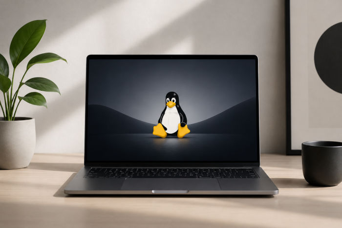 Linux desktopcomputer op een minimalistisch bureau met modern Linux-bureaublad