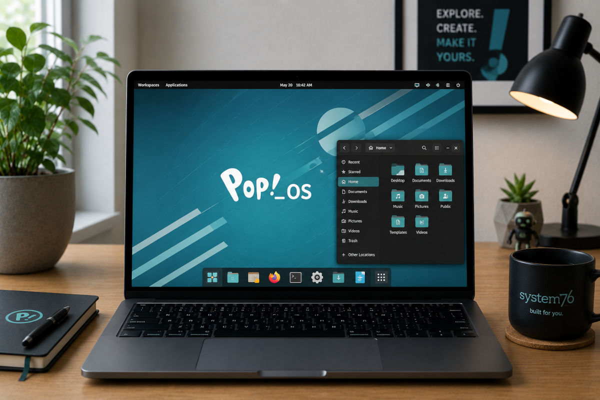 Laptop met Pop!_OS Linux op een moderne minimalistische werkplek als snel en veilig alternatief voor Windows en macOS.