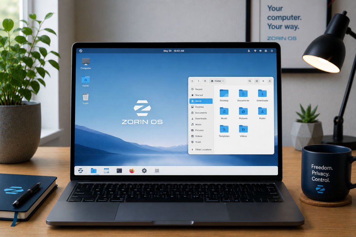 Laptop met Zorin OS Linux op een moderne minimalistische werkplek als gebruiksvriendelijk alternatief voor Windows en macOS.
