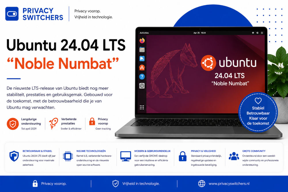 Uitgelichte blogafbeelding van Ubuntu 24.04 LTS Noble Numbat op een moderne laptop in de Privacy Switchers-huisstijl, met focus op langdurige ondersteuning, stabiliteit, privacy en een gebruiksvriendelijke Linux-desktop.